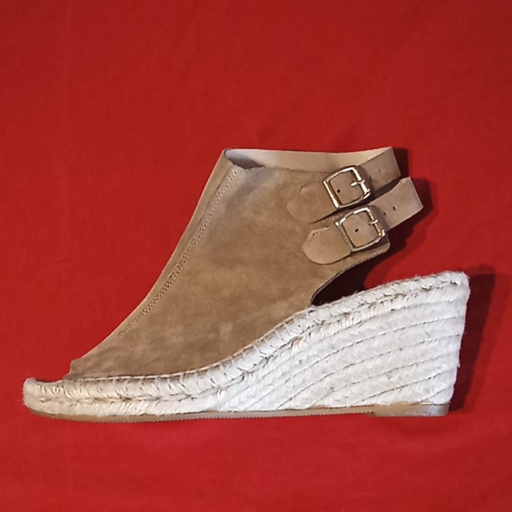 KANNA Nude Tan Suede Open Toe Wedge Double Buckle Slingback Sandals. Size 91/2. - Picture 2 of 16